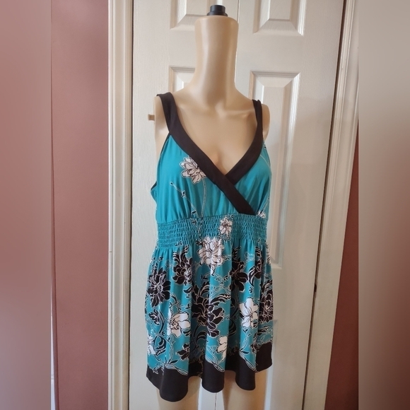 Style & Co. Tops - Style & Co Floral Sundress Large Teal Black Sleeveless Empire Waist Dress